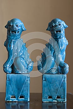 Pair of Chinese Blue Porcelain Foo Dogs