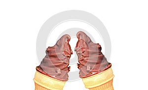 Chocolate Coated Soft Serve Ice Cream Cones Clinking on White Background