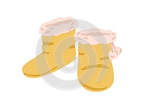 Pair of closed winter slipper boots with fur line and pompoms isolated on white background. Cozy fluffy home shoes