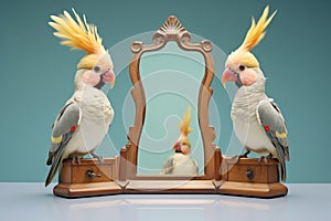 pair of cockatiels, one facing mirror, other turned away