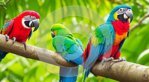 A pair of colorful parrots perched on a branch in a tropical rainforestn.