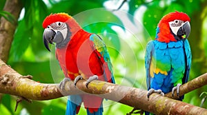 A pair of colorful parrots perched on a branch in a tropical rainforestn