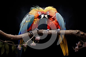 a pair of colorful parrots sitting on a branch, facing each other