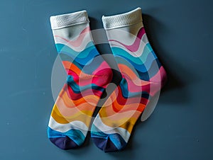 A pair of colorful socks with a wave design