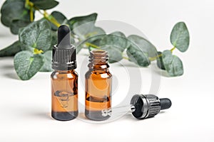 A pair of cosmetic bottles for serum and oil with a branch of eucalyptus on a white background close-up