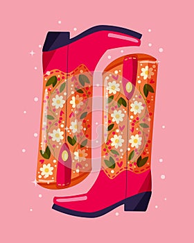 A pair of cowboy boots decorated with flowers on pink background. Vibrant and colorful vector illustration