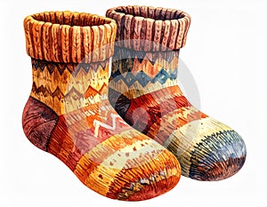 Pair of Cozy Knitted Wool Socks with Colorful Geometric Pattern on White Background