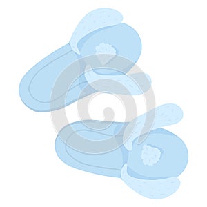 Pair of cozy light blue slippers with fluffy white pompoms. Warm winter home footwear, comfort and fashion vector