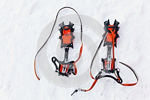 Pair of crampons with spikes for mountaineering