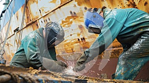 A pair of crew members donned in protective gear working together to weld and repair a damaged section of the ships hull