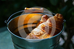 Pair of croissants in a tin bucket lit by strong morning sun li