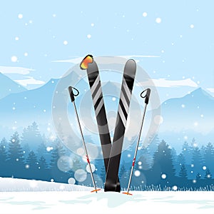 Pair of cross skis in snow. Ski winter mountain landscape background. Vector illustration.