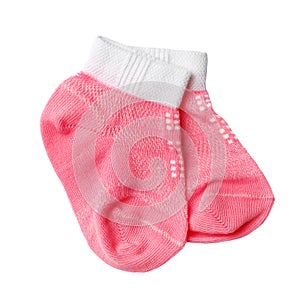 Pair of cute child socks on white background