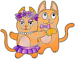 A pair of cute dancing red cats - vector full color picture. Funny cat and his girlfriend are dancing in pairs. There are beads on