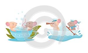 Pair of Cute Mice Sailing on Boat and Bathing in Cup Vector Set