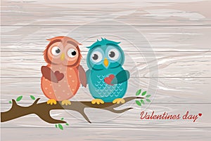 A pair of cute owlet sitting on a branch. Owls in love hold hear