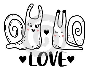 pair of cute snails in love and word love. Linear hand drawn doodle. Funny character clam snail. Vector illustration