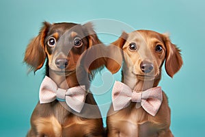 Pair of Dachshund dogs with bowties on pastel blue background