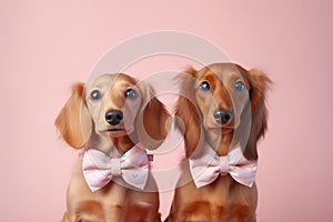 Pair of Dachshund dogs with bowties on pastel pink background