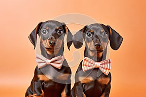 Pair of Dachshund dogs with bowties on porange background