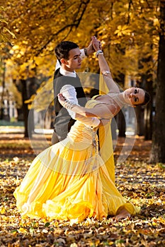 Pair of dancers dancing in the woods. Man with suit, woman in yellow long dress middle of the palace park in autumn. Dry fallen c