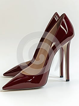 Pair of dark red leather high heel shoes.