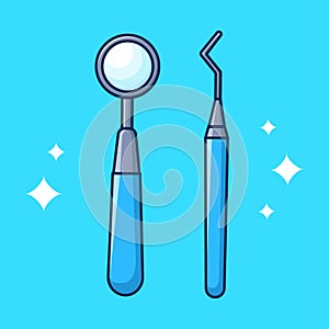 Pair of dental instruments. Teeth cleaning. Childrens learning card. Poster for dentistry. Vector illustration in