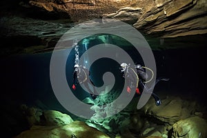 pair of divers exploring underwater cave system, with fish swimming among their legs