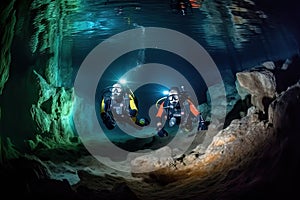 pair of divers exploring underwater cave system, with fish swimming among their legs