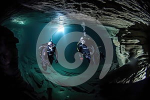 pair of divers exploring underwater cave system, with fish swimming among their legs