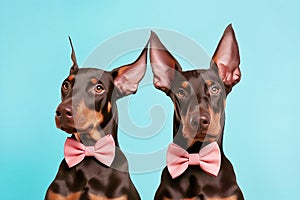 Pair of Dobermann dogs with bowties on pastel blue background