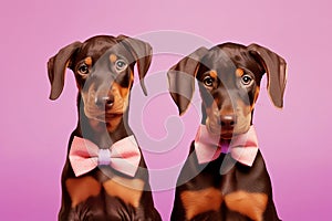 Pair of Dobermann dogs with bowties on pastel violet background