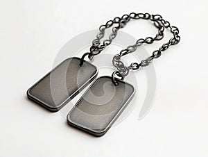 A pair of dog tags on a chain on a white surface