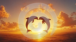 A pair of dolphins leaping together in the shape of a heart against a