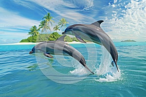 pair of dolphins with synchronized jump, tropical island behind