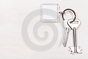 Pair of door keys on keyring with blank keychain