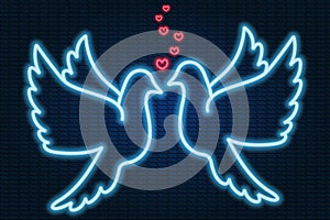 A pair of doves in love. Hearts as a sign of love. Neon glow. Birds flap their wings. Colored vector illustration.