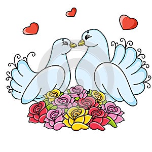 A pair of doves in roses. Cartoon character. Colorful vector illustration. Isolated on white background. Design element. Template