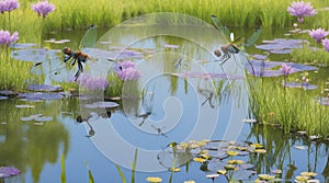 A pair of dragonflies dancing above a village pond