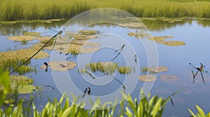 A pair of dragonflies dancing above a village pond.