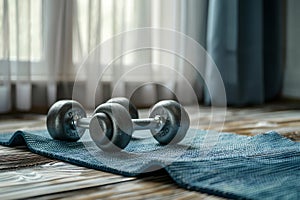 A pair of dumbbells are on a blue mat on a wooden floor