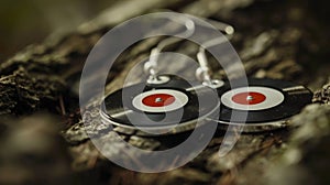 A pair of earrings featuring miniature vinyl records painstakingly and shaped into a dangle style design photo