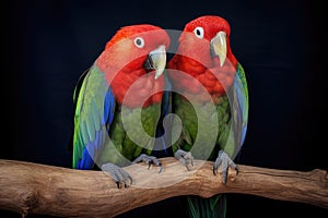 a pair of eclectus parrots sitting on a wooden perch