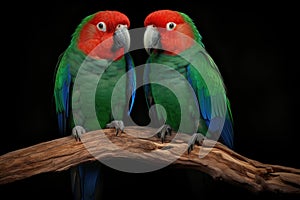 a pair of eclectus parrots sitting on a wooden perch