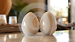 A pair of eggshaped salt and pepper shakers in a glossy neutral finish. photo