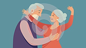 A pair of elders locked in a loving embrace happily swaying to a romantic foxtrot during their dance class.. Vector photo