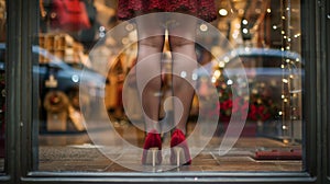 A pair of elegant legs in high heels and stockings stand in front of a window display showcasing the lavish goods