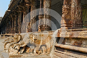 A Pair of elephant balustrades of the pillared cloisters or prakara in the second courtyard, Virupaksha Temple, Hampi, karnataka.