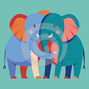 A pair of elephants standing side by side, holding trunks in a loving embrace, Two elephants holding trunks in a loving embrace,