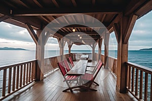 A pair of empty deck chairs facing the sea